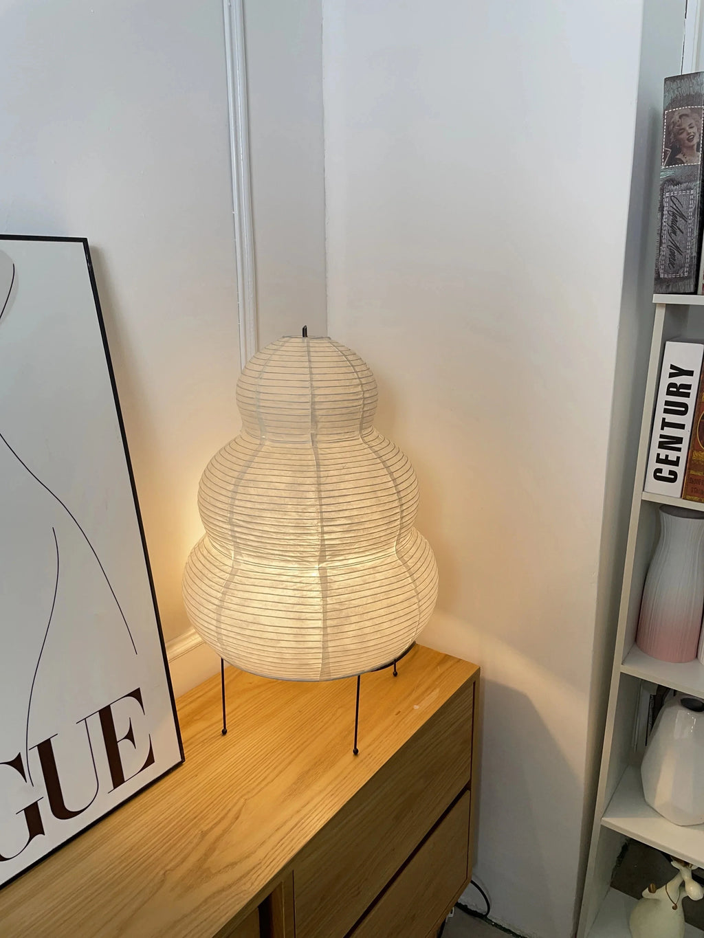 Side View of Modern Japanese 3-Tier Paper Lantern Lamp Studio Display