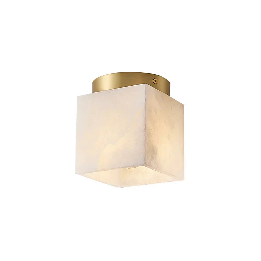Modern Square Alabaster Flush Mount Ceiling Light with Brass Base on Pure White Background