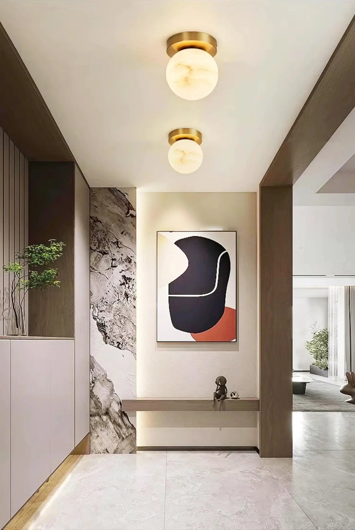 Pair of Spherical Alabaster Ceiling Lights Illuminating Entryway