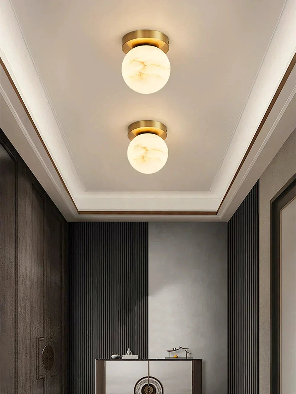 Pair of Globe Alabaster Flush Mount Ceiling Lights in Modern Corridor