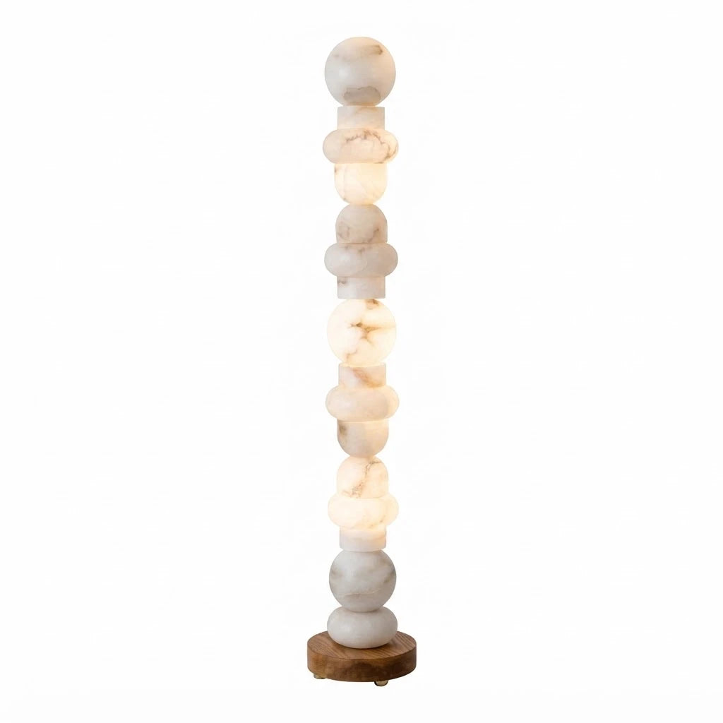 Modern Stacked Beaded Alabaster Sphere Floor Lamp with Warm Light and Marble Base on Pure White Background