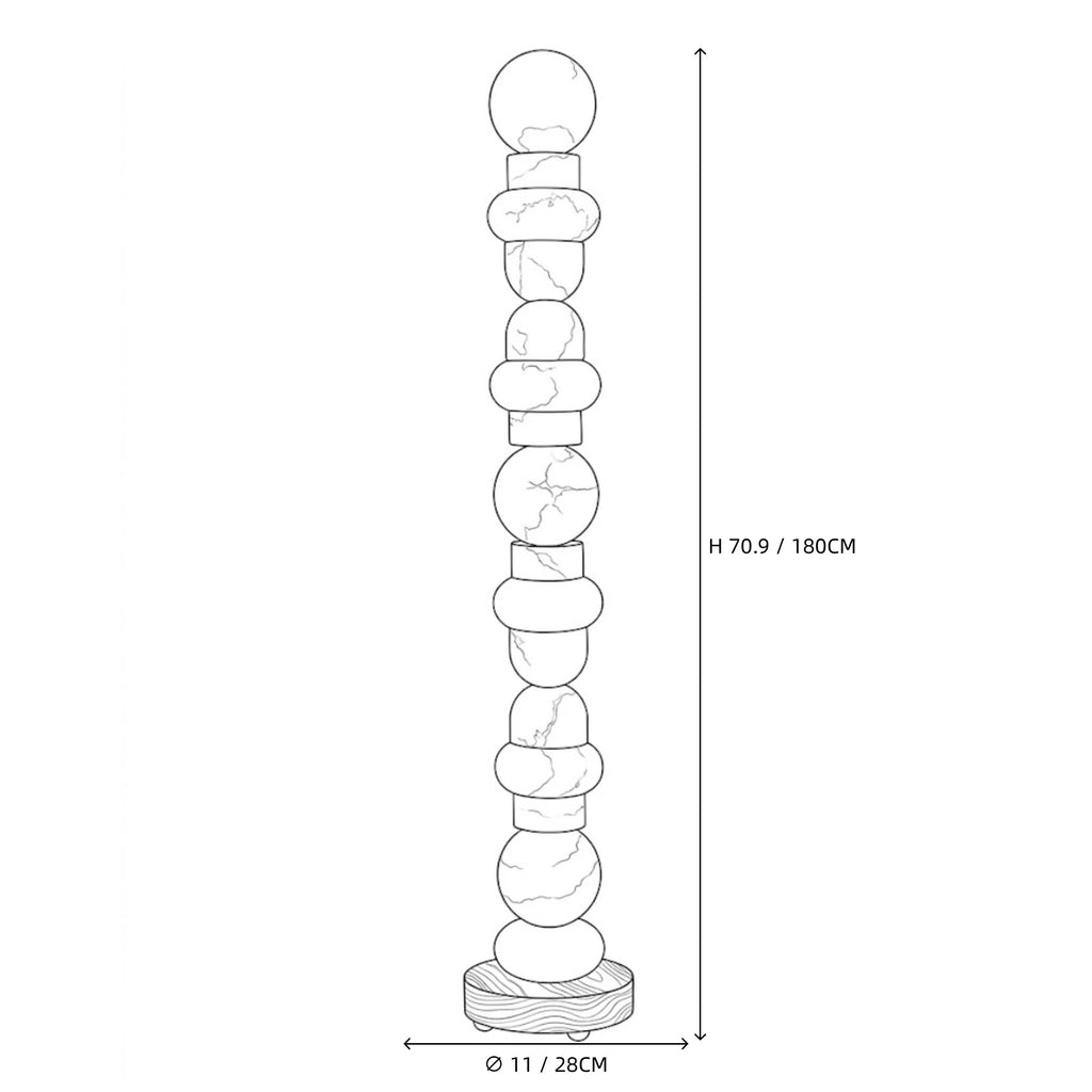 Modern Stacked Beaded Alabaster Sphere Floor Lamp Line Art Dimension Diagram