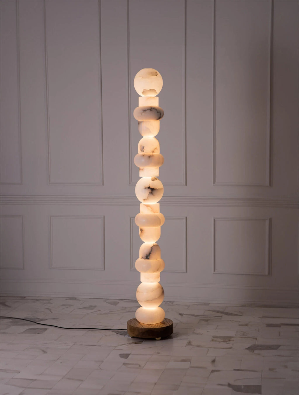 Illuminated Modern Stacked Alabaster Sphere Floor Lamp Studio Shot on Pure White Background