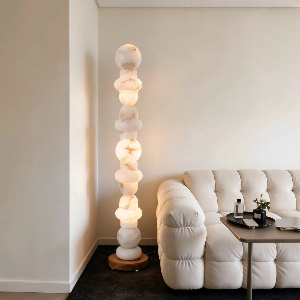 Modern Beaded Alabaster Floor Lamp in Luxury Living Room Setting