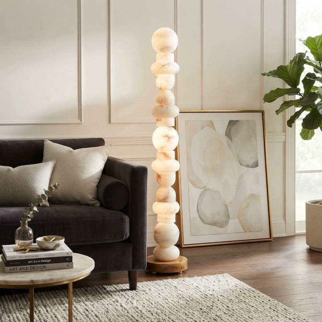 Modern Stacked Alabaster Sphere Floor Lamp in Cozy Living Area