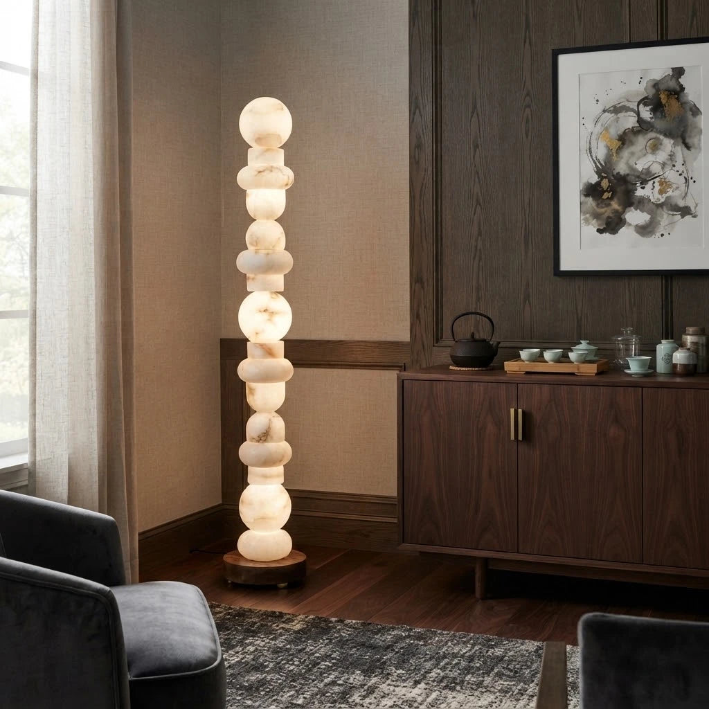 Modern Stacked Alabaster Sphere Floor Lamp in Sophisticated Tea Room Setting