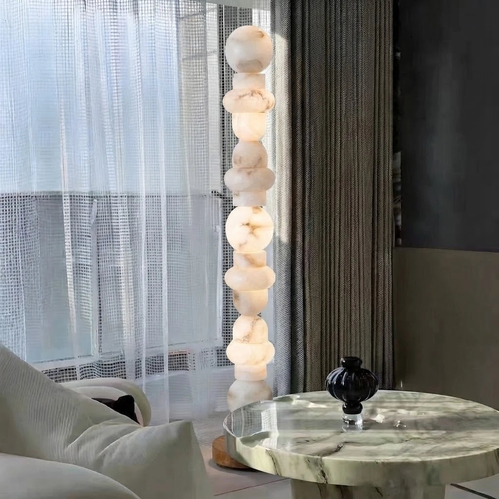 Modern Beaded Alabaster Floor Lamp in Bright Contemporary Living Room