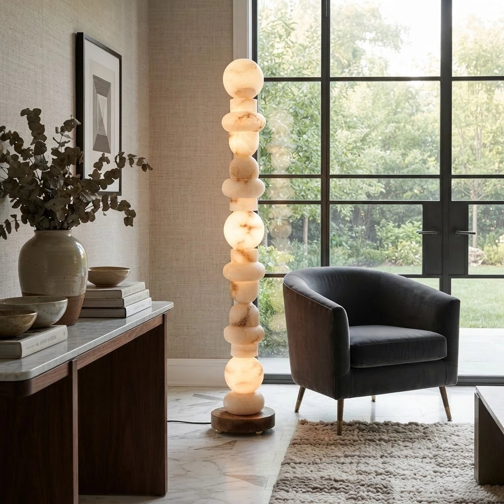 Modern Stacked Alabaster Sphere Floor Lamp in Luxury Living Area