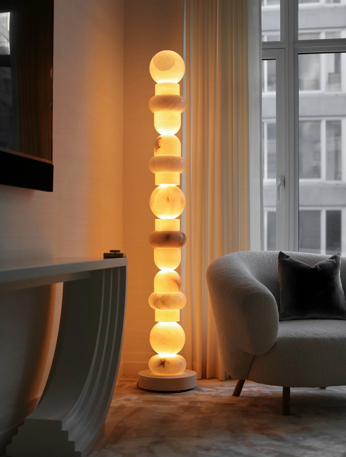 Illuminated Modern Beaded Alabaster Floor Lamp in Dramatic Living Room Setting