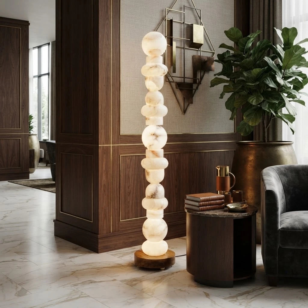 Modern Stacked Alabaster Sphere Floor Lamp in Grand Foyer Interior