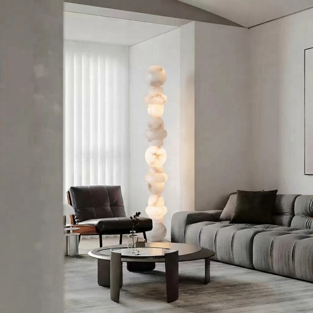 Modern Beaded Alabaster Floor Lamp in Contemporary Living Space
