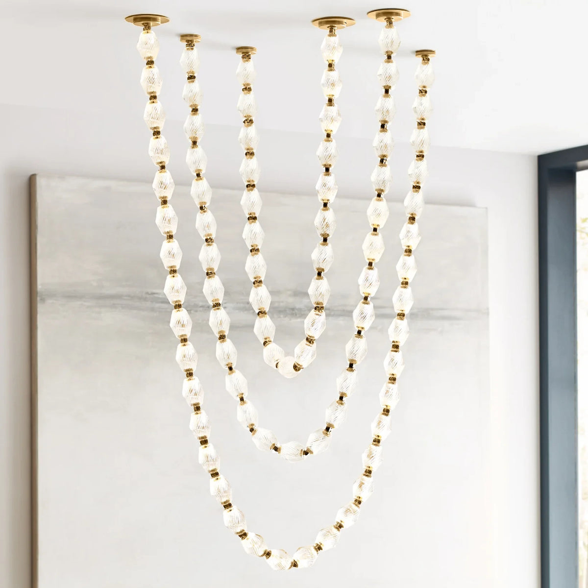 Modern Multi-String Vertical Beaded Chandelier Studio Display