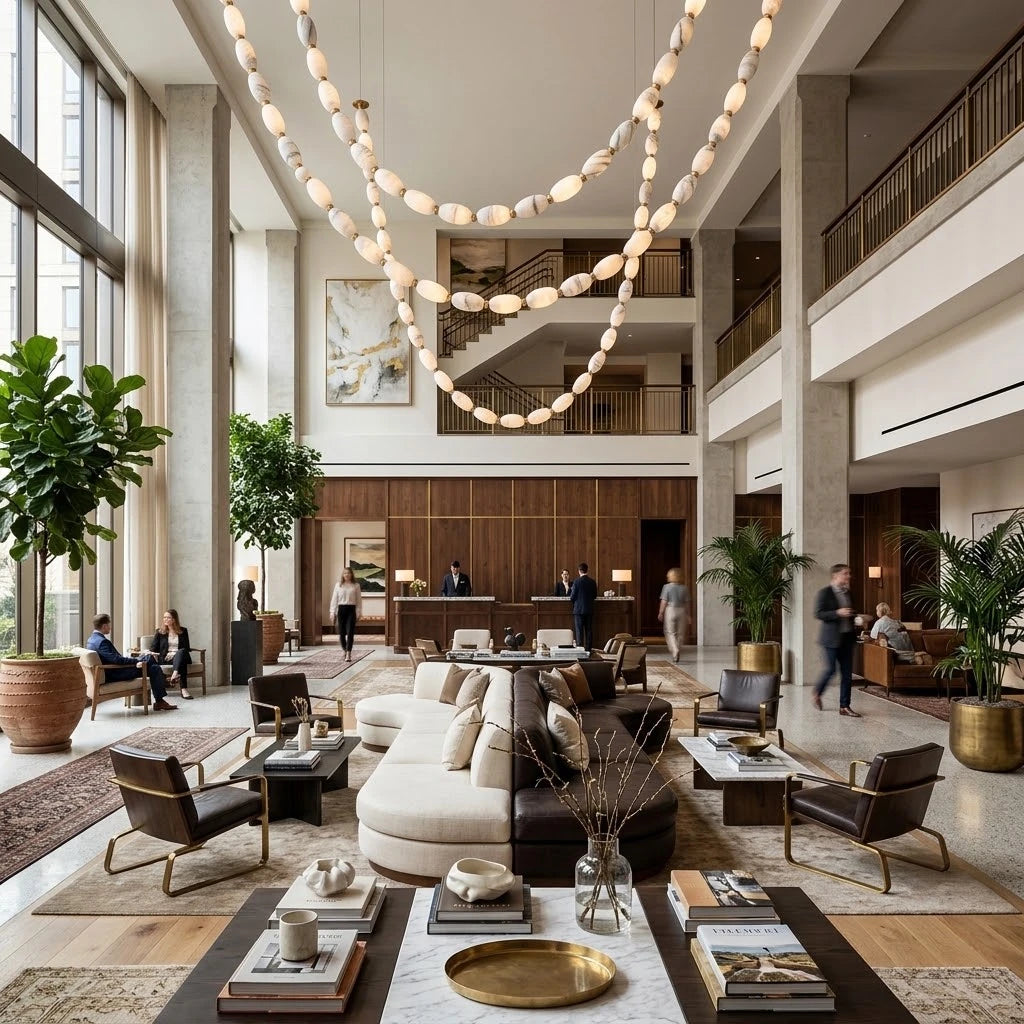 Modern Beaded Chandelier in High Ceiling Living Space