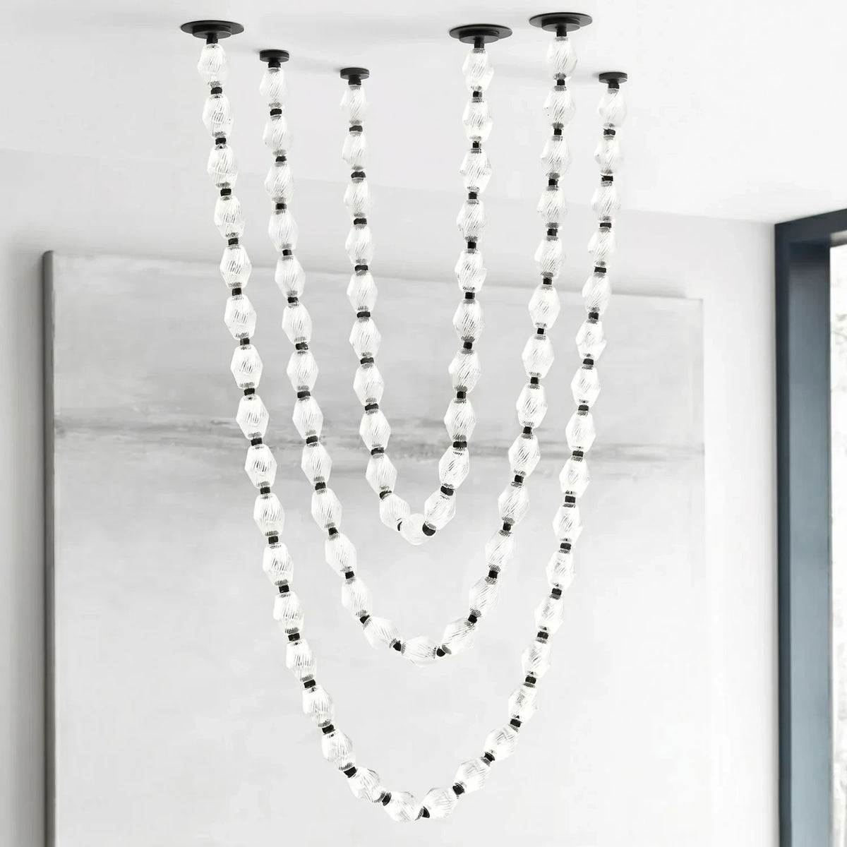Modern Multi-String Vertical Beaded Chandelier Studio Display