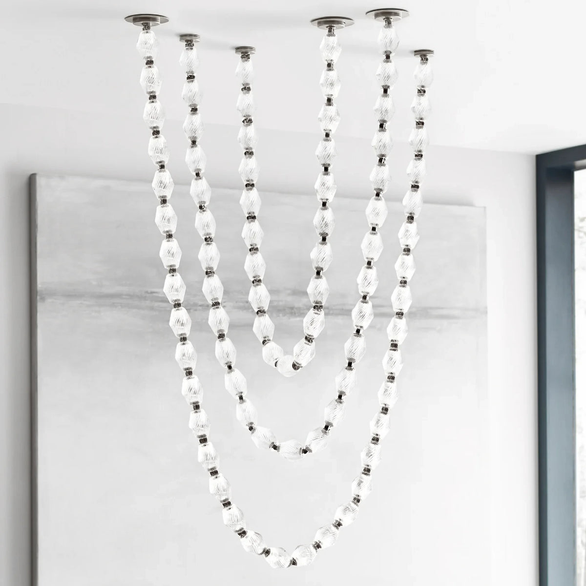 Modern Multi-String Vertical Beaded Chandelier Studio Display