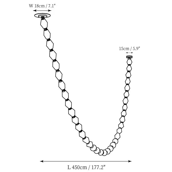 Modern Double-Curve Beaded Chandelier Line Art Dimension Diagram