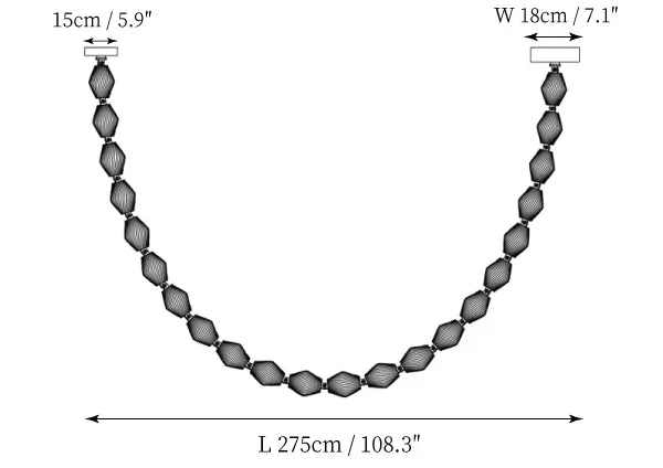Modern Black Single-Curve Beaded Chandelier Line Art Dimension Diagram