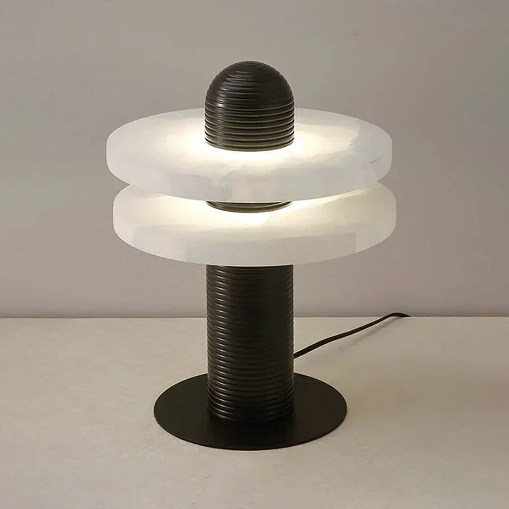 Illuminated Black Stem Alabaster Disc Table Lamp Studio Display