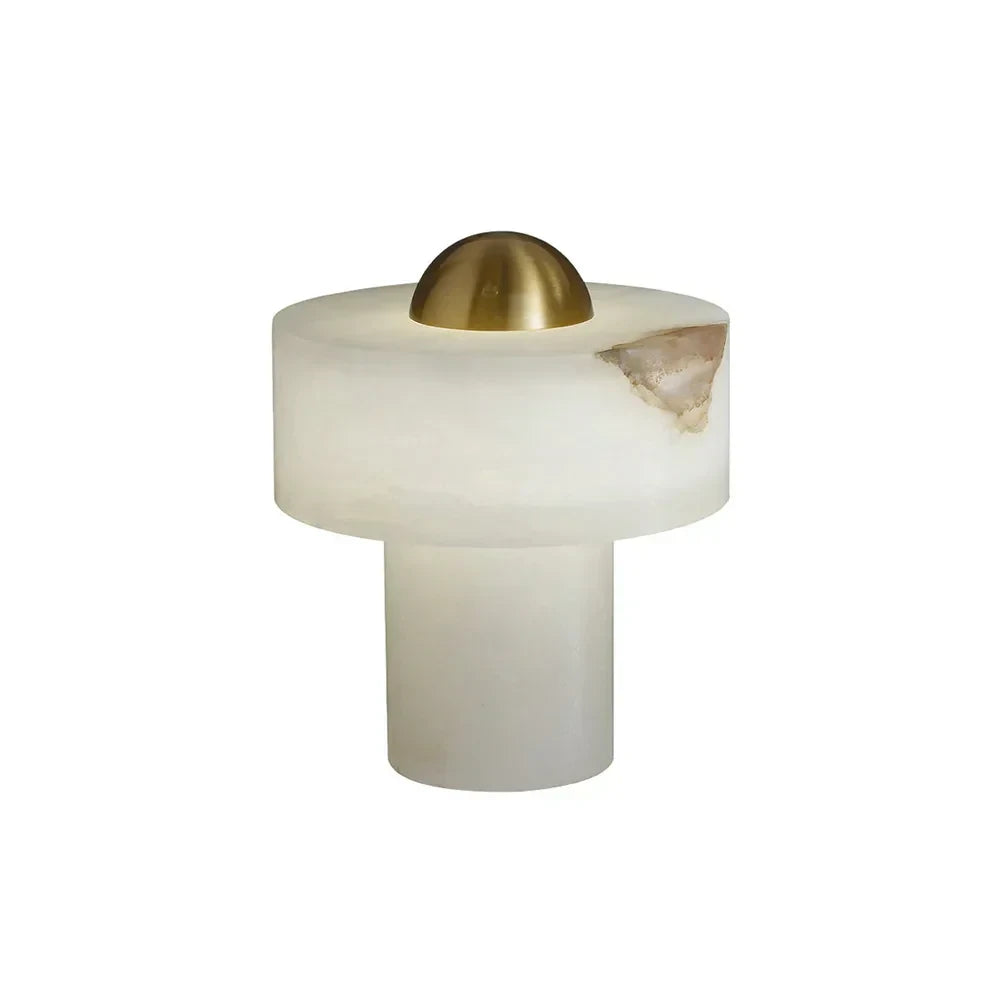 Modern T-Shaped Alabaster Mushroom Table Lamp with Brass Dome Finial on Pure White Background