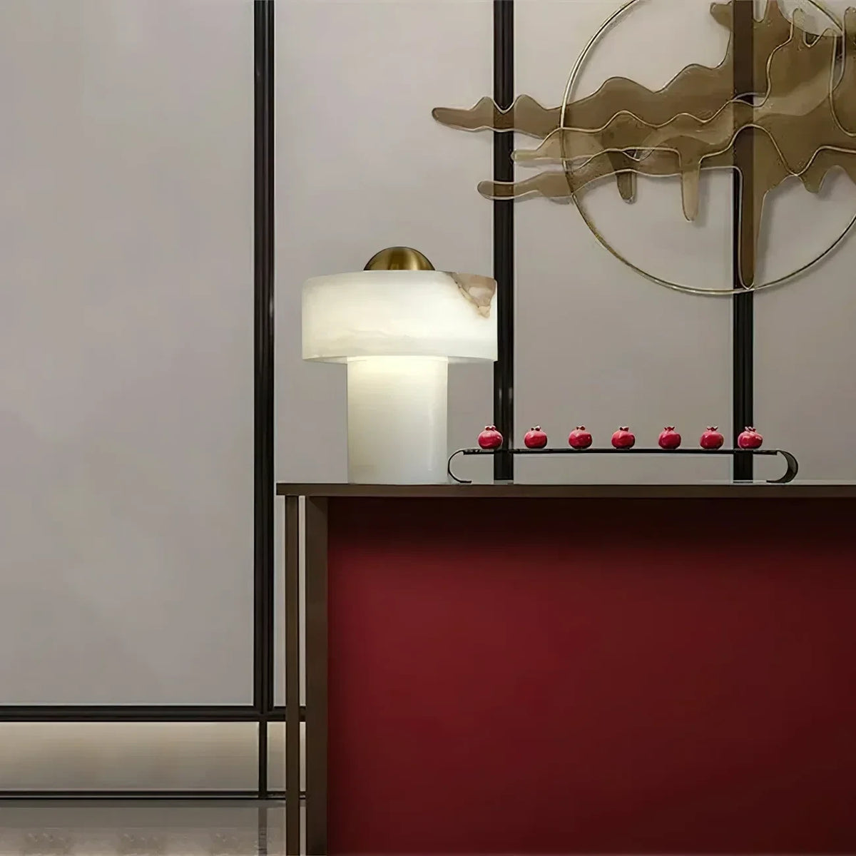 Modern Alabaster Mushroom Lamp on Entryway Credenza