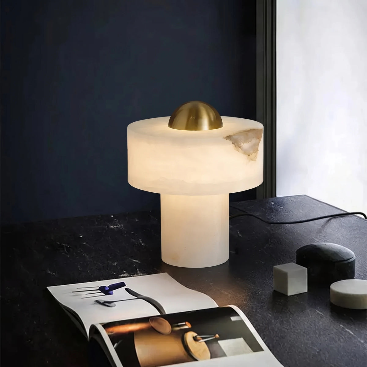 Alabaster Accent Table Lamp on Black Marble Surface