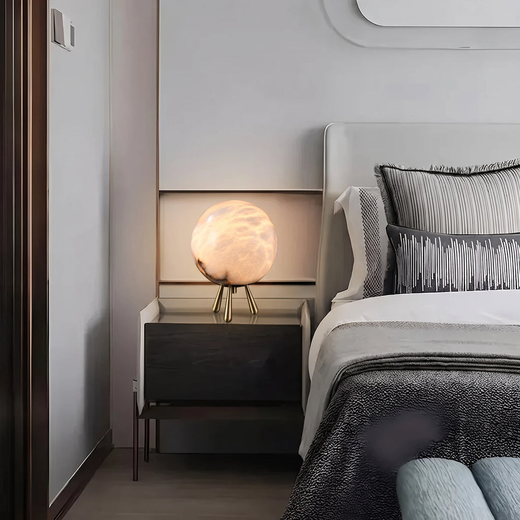Modern Alabaster Globe Bedside Lamp on Bedroom Nightstand