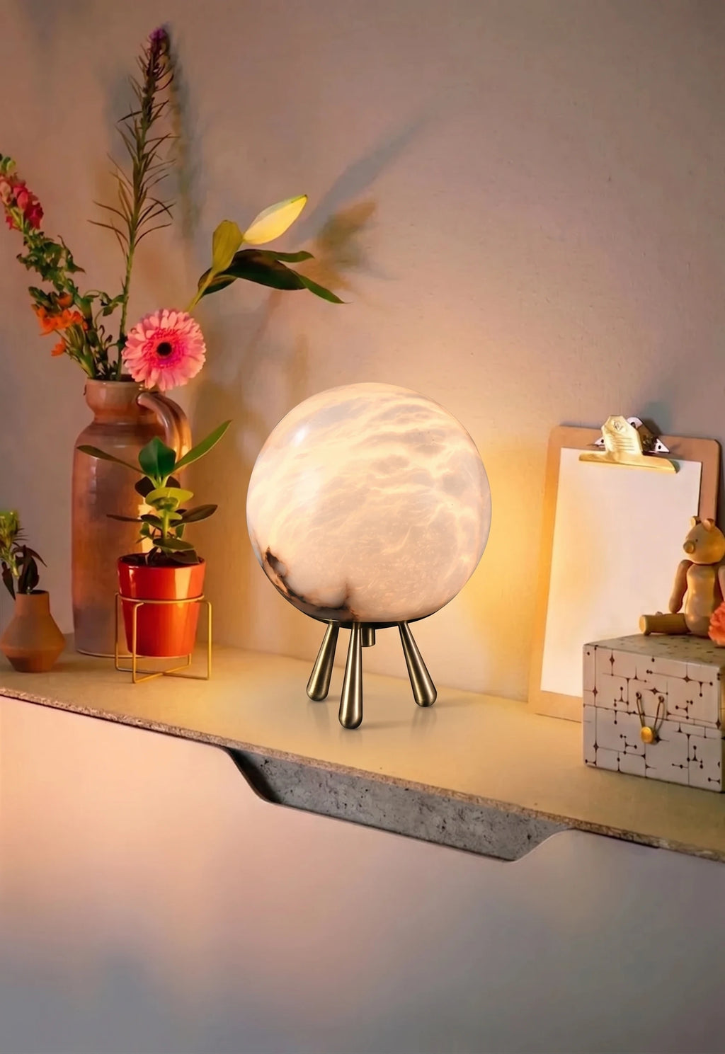 Modern Alabaster Globe Table Lamp on Floating Console Shelf