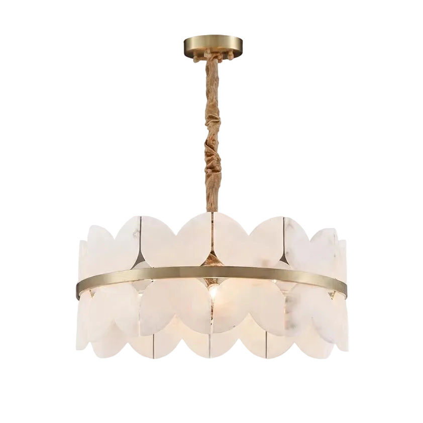 Modern Brass Band and Petal Alabaster Chandelier with Warm Light on Pure White Background