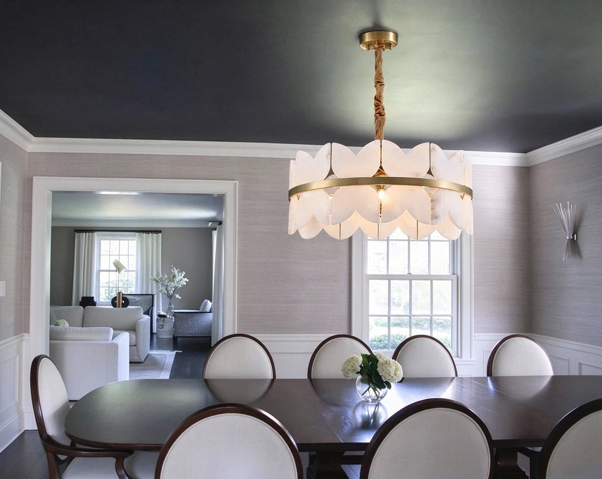 Modern Brass Band Chandelier in Sophisticated Dining Hall