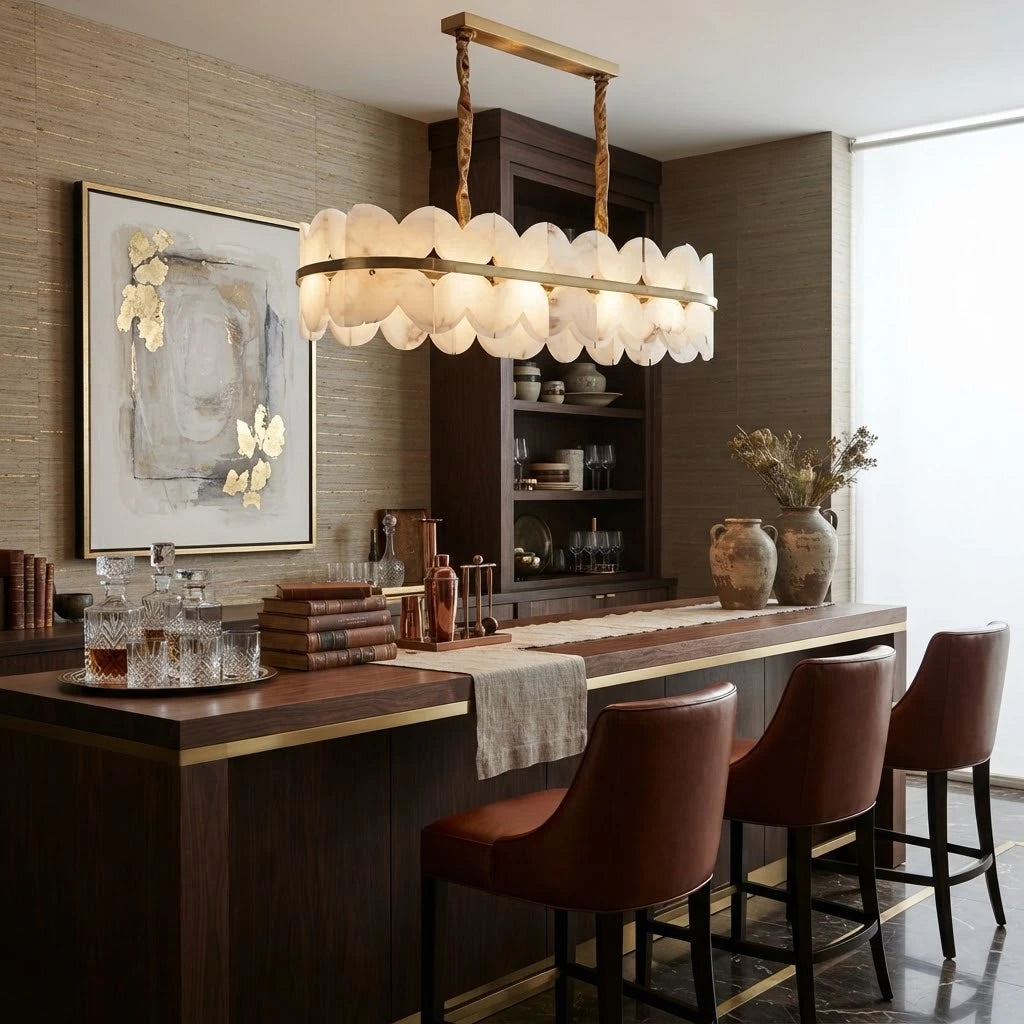 Modern Long Brass Band Chandelier in Sophisticated Living Dining Area