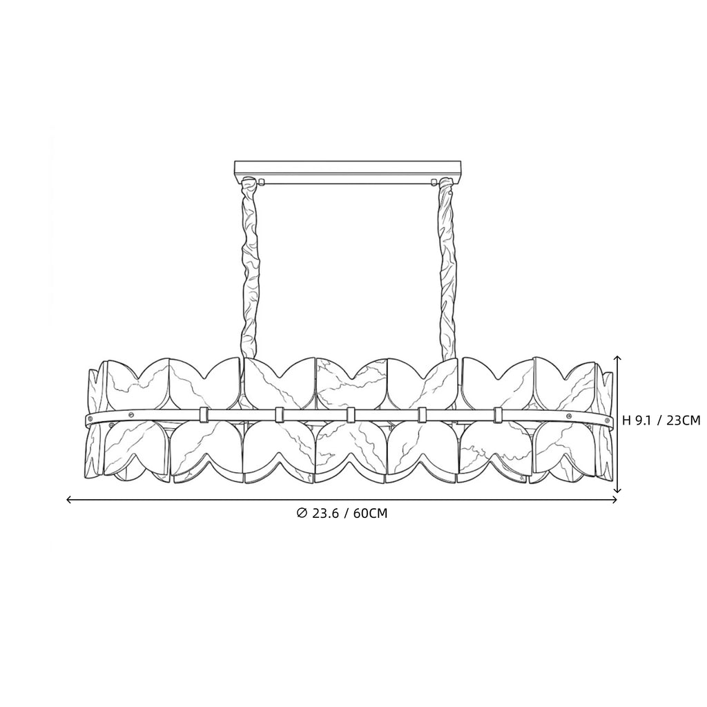 Modern Long Brass Band and Petal Alabaster Linear Chandelier Line Art Dimension Diagram
