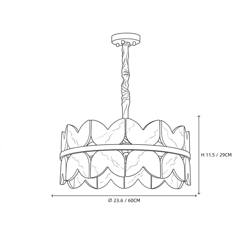 Modern Brass Band and Petal Alabaster Chandelier Line Art Dimension Diagram