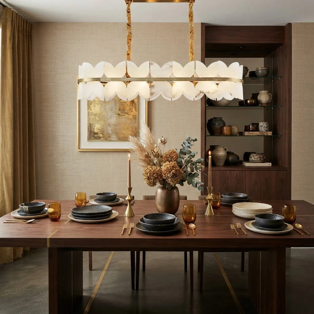 Modern Alabaster Linear Chandelier in Designer Dining Space