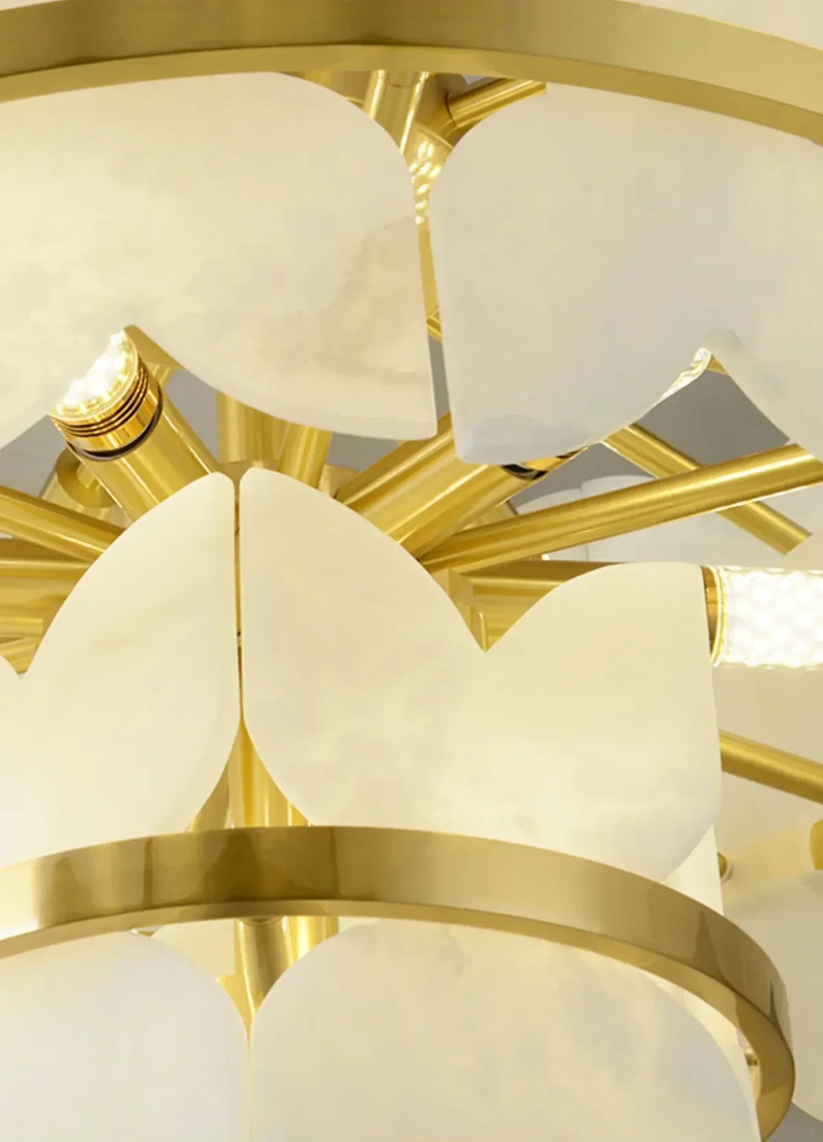 Close Up View of Brass Suspension Rods and Petal Alabaster Mount Connection Details