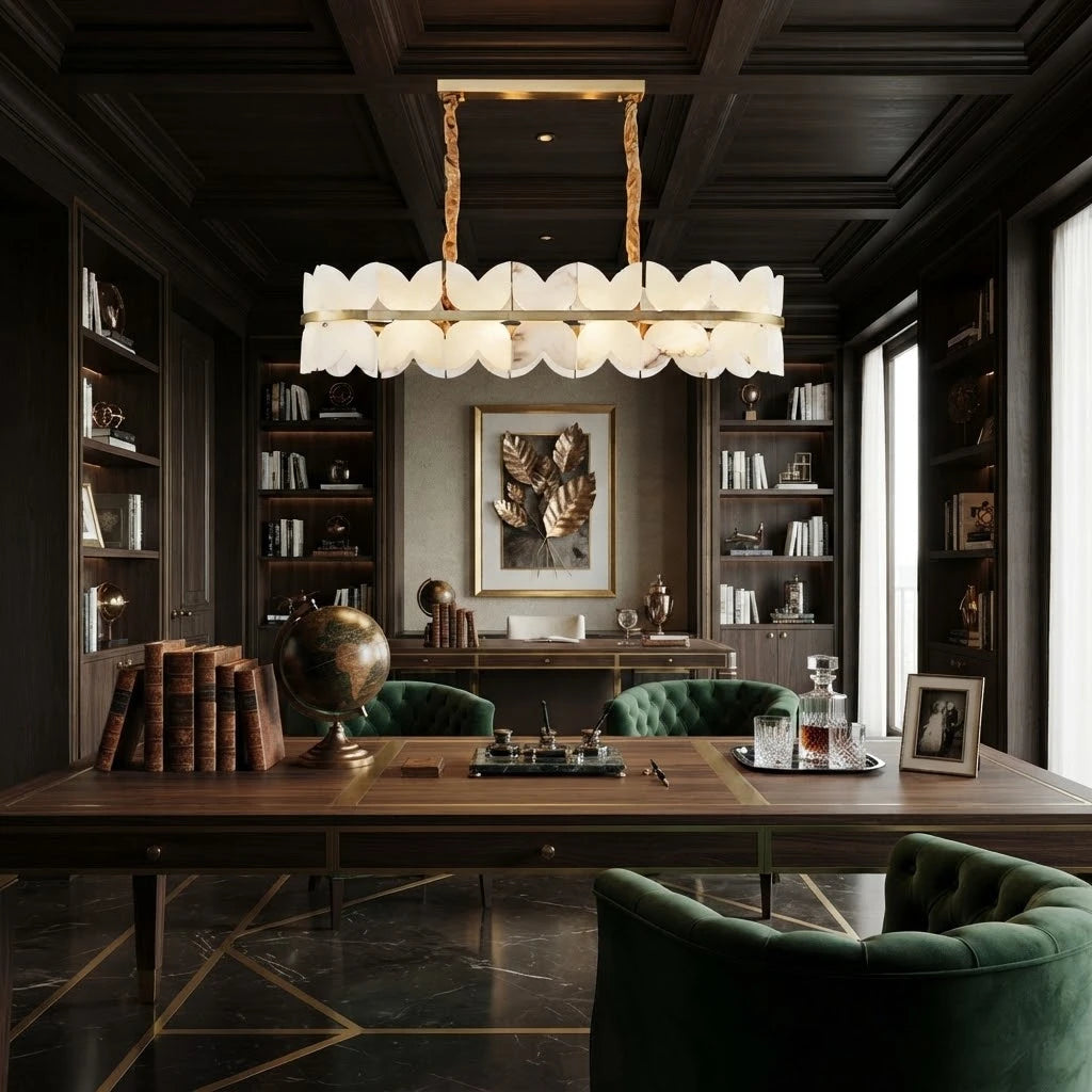 Modern Long Brass Band Chandelier in Executive Office Setting