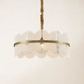 Illuminated Modern Brass Band and Petal Alabaster Chandelier Studio Shot on White Background