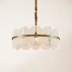 Illuminated Modern Brass Band and Petal Alabaster Chandelier Studio Shot on White Background
