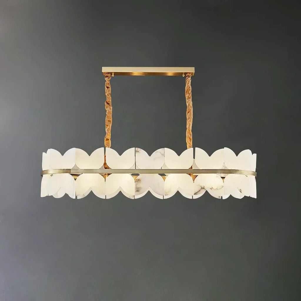 Illuminated Modern Long Brass Band and Petal Alabaster Linear Chandelier Studio Shot on Dark Background