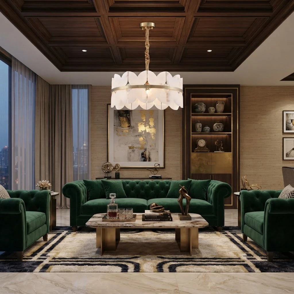 Modern Brass Band Chandelier in Luxury Living Room Decor