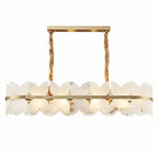 Modern Long Brass Band and Petal Alabaster Linear Chandelier with Warm Light on Pure White Background   