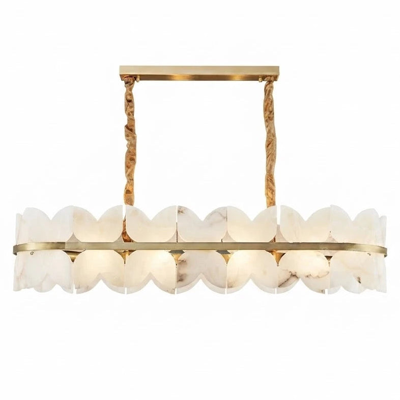 Modern Long Brass Band and Petal Alabaster Linear Chandelier with Warm Light on Pure White Background   