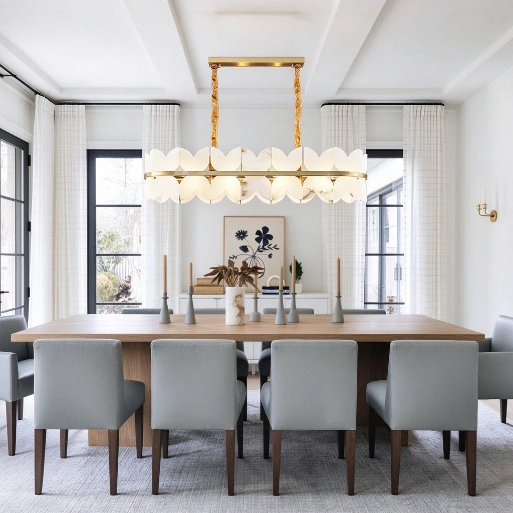 Modern Alabaster Linear Chandelier in Bright Contemporary Dining Room Setting
