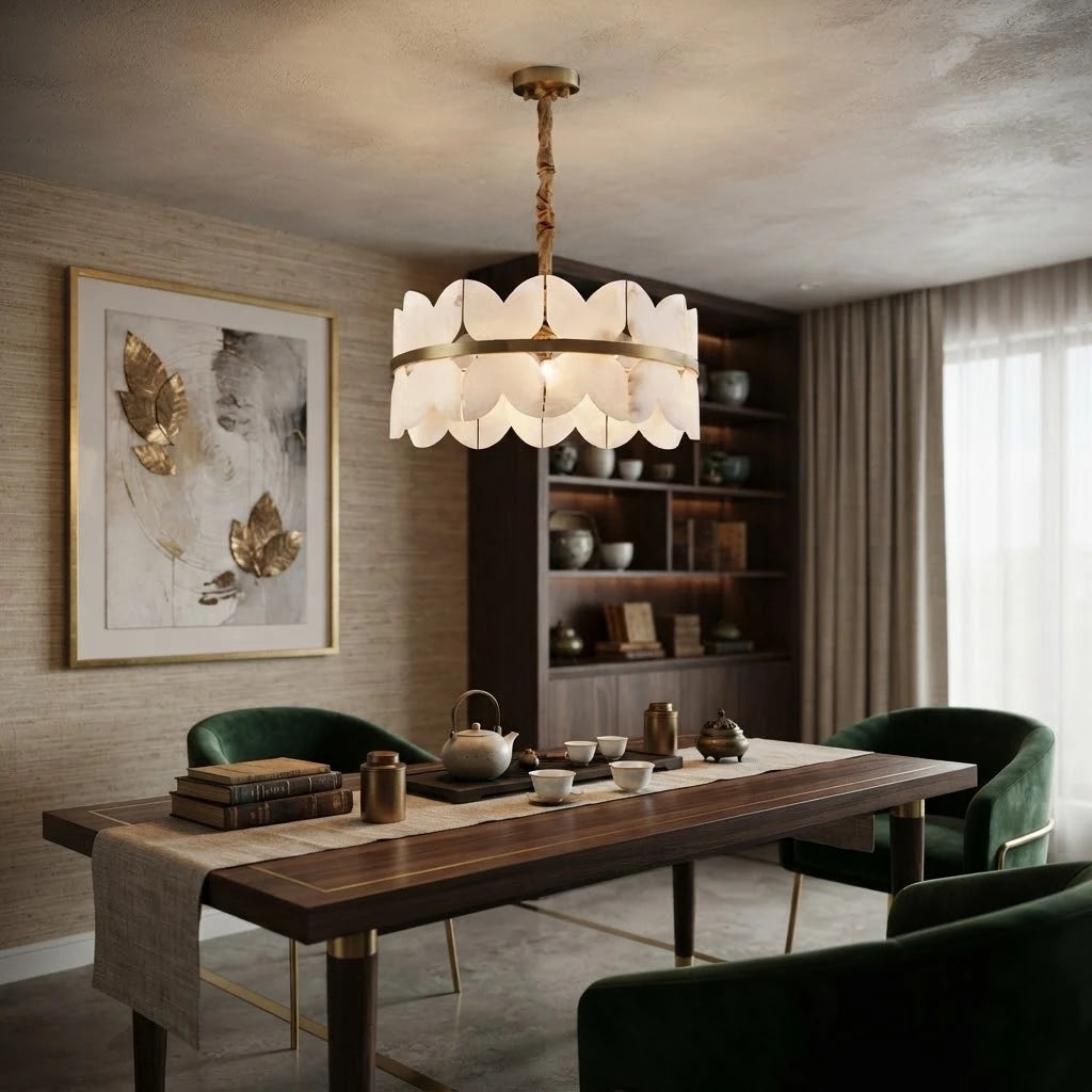 Modern Brass Band Chandelier in Sophisticated Dining Space