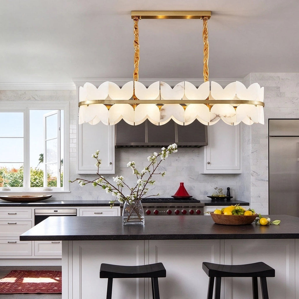 Modern Long Brass Band Chandelier in Sophisticated Kitchen Island Space