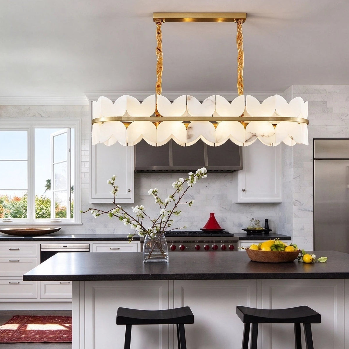 Modern Long Brass Band Chandelier in Sophisticated Kitchen Island Space
