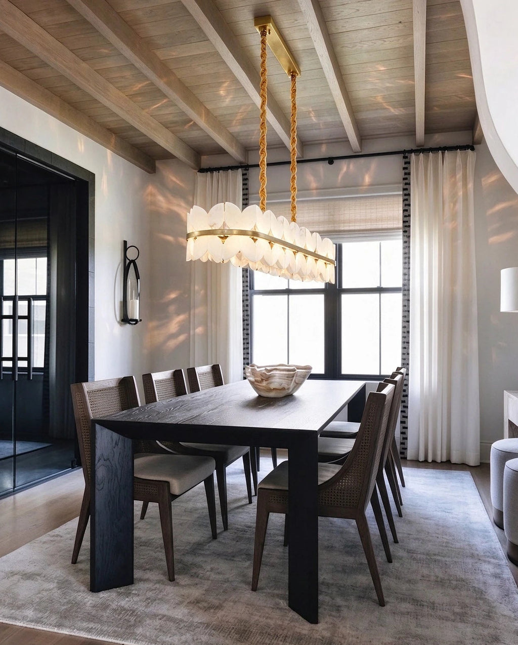 Modern Alabaster Linear Chandelier in Grand Dining Room Interior