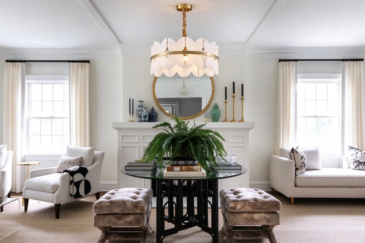 Modern Brass Band Chandelier in Grand Living Room Interior