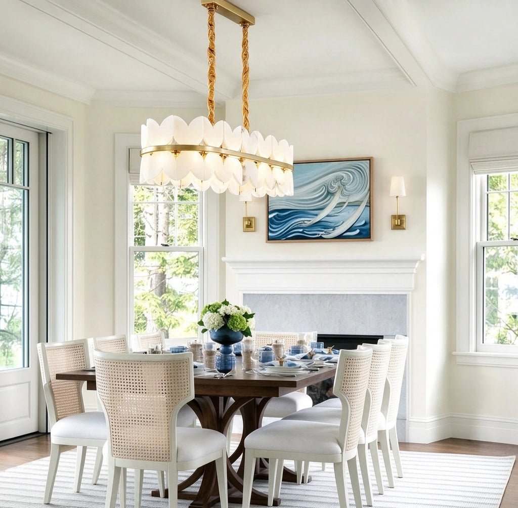 Modern Long Brass Band Chandelier in Elegant Dining Space