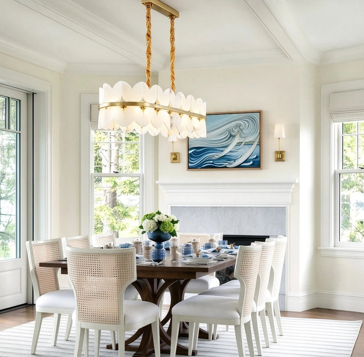 Modern Long Brass Band Chandelier in Elegant Dining Space