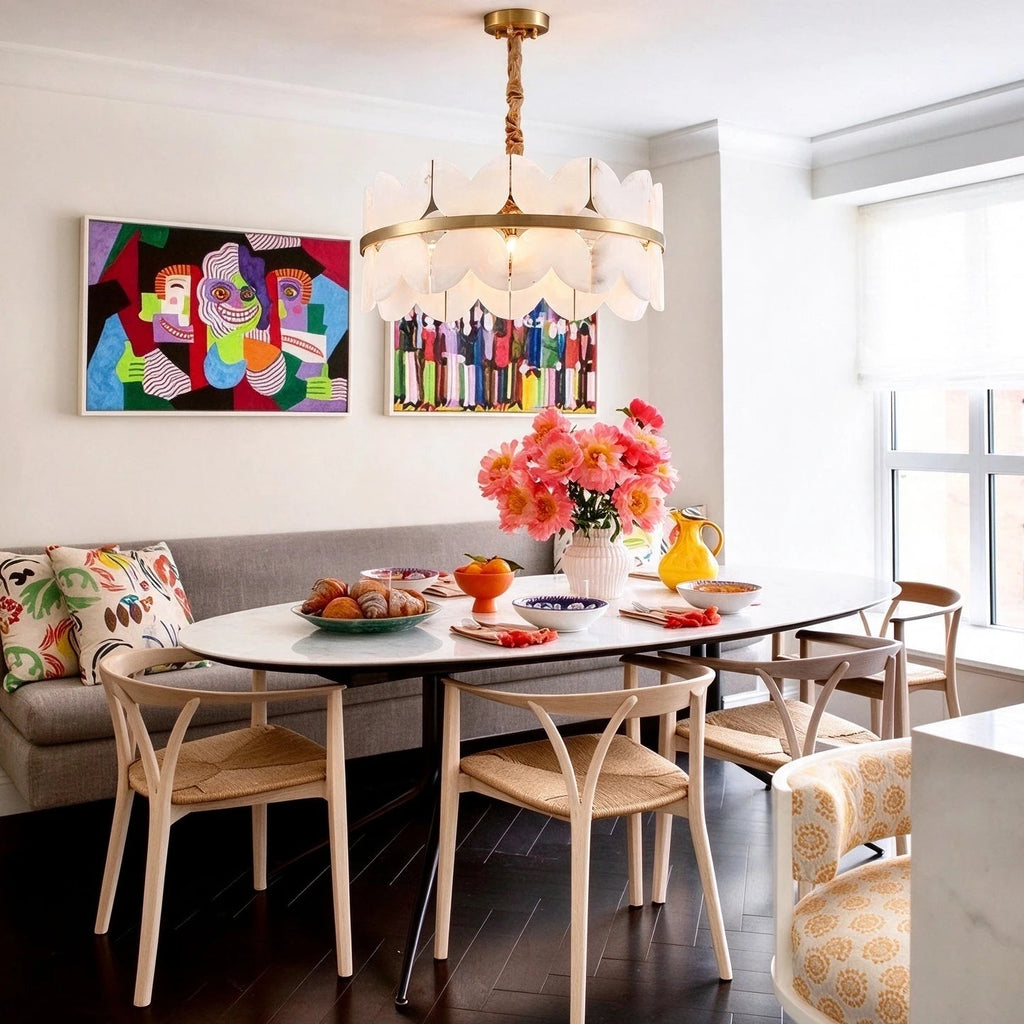 Modern Alabaster Petal Chandelier in Contemporary Dining Room